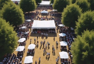 Drone capturing aerial footage of a lively outdoor event.