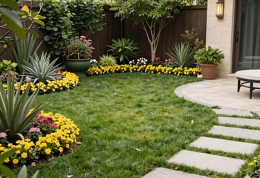 A vibrant Gastonia backyard showcasing a freshly installed paver patio surrounded by lush greenery and colorful flower beds.