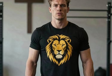 Battle 1 Christian apparel - man wearing lion t-shirt with cross in background