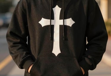Close-up of a black hoodie with red and gold Battle1 logo featuring a cross and shield emblem.