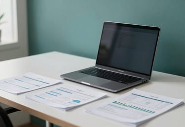 A clean, minimalist workspace in a Southeast Asian / Indonesian office building with a laptop and organized financial documents, Forest Teal accents.