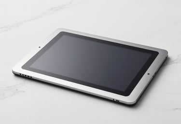 A sleek, silver graphic design tablet on a clean white marble #F5F5F5 surface, symbolizing premium creative production and technical expertise.
