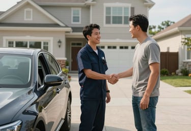 A wide shot of a technician in a professional uniform shaking hands with a smiling car owner in a modern North American suburban driveway next to a serviced vehicle.