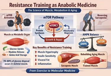 Resistance training acts as anabolic medicine—activating mTOR, building muscle, reversing sarcopenia