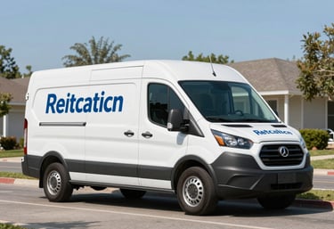 A clean, modern mobile service van with professional branding parked on a suburban North American street, bright clear day, emphasizing reliability and fast service.