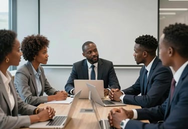 Corporate team in a modern meeting room discussing logistics strategies with a professional atmosphere.