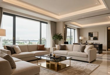 The interior of a high-end luxury apartment in Argentina, featuring large windows and elegant furniture, bright professional real estate photography.