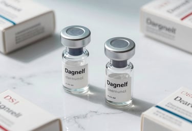 Macro photography of high-end cosmetic dermal filler boxes on a white marble surface, soft natural light with light blue shadows.