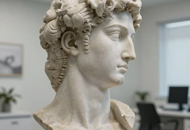 Side profile view of a sculptural marble bust representing facial harmony, set in a bright, modern clinical office in Türkiye.
