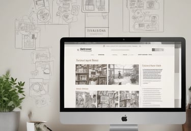 A small business owner happily working on a laptop in a cozy workshop filled with tools.