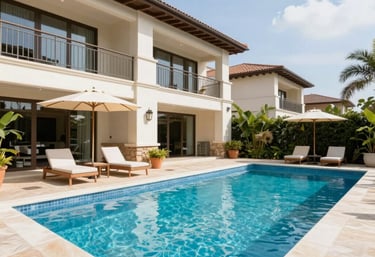 An urban real estate office building exterior with reflective glass windows.