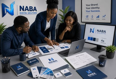 Professional branding team collaborating on brand identity design