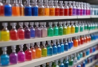Close-up of colorful chemical reagents in glass containers arranged neatly on a lab bench.