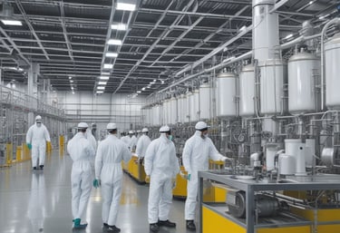 Photo of a clean, modern chemical manufacturing facility with workers in protective gear.