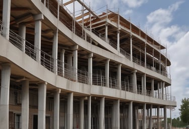 Construction workers collaborating on a building site with blueprints in hand.