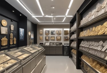 A warm, inviting shop interior with displays of coins and precious metal jewelry.