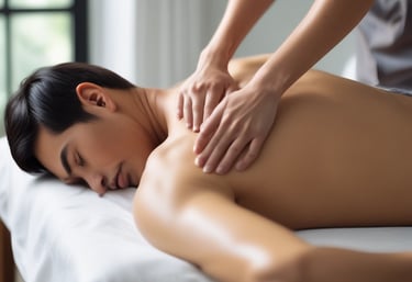 Certified massage therapist gently working on a client's shoulders with focused attention.