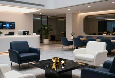 An elite creative collaborative lounge inside a futuristic tech company, Global / North American setting. Minimalist navy and white leather chairs arranged around a polished black marble coffee table with subtle golden geometric sculptures. Ambient evening lighting, sophisticated architectural digest style.