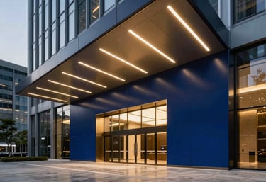 Ultra-modern architectural shot of a luxurious tech company entrance in a Global / North American office tower. High ceilings, sleek polished concrete floors reflecting linear royal gold light panels, and a deep celestial navy feature wall, majestic corporate entrance, dusk lighting.
