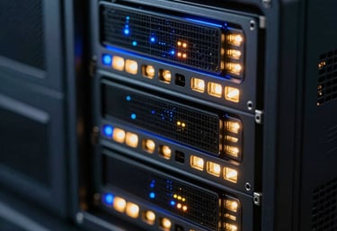 Detail shot of high-end server hardware in a premium digital agency, glowing with celestial blue and amber-gold indicator lights. Clean, dark aesthetic with polished metal reflections, representing cutting-edge performance and elite security, cinematic close-up.