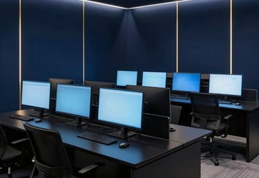 Interior photograph of a premium, state-of-the-art software lab in a Global / North American tech district. Sleek workstations with curved monitors emitting soft blue light, matte black tables, minimalist deep navy walls with thin integrated royal gold lighting panels, ultra-modern luxury corporate atmosphere.
