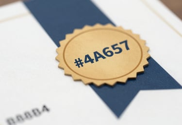 A close-up of a certificate or seal of quality being applied, symbolizing a job well done and brand warranty, with #4A6577 and #B88B4A accents.