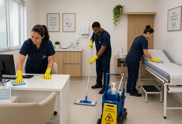 Professional commercial cleaning team cleaning and sanitizing a modern business facility.