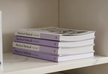 A stack of professional medical journals on a white marble shelf, elegant lavender-tinted spines, soft warm lighting in a minimalist office.