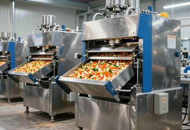 A clean, modern industrial interior of a food processing plant in Gujarat, showing high-tech machinery for vegetable dehydration with Steel Blue accents, Global B2B / Indian Origin.