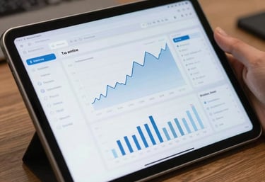A close-up of a high-resolution tablet screen displaying a sophisticated, clean data interface with graphs, used by a professional in a modern office.