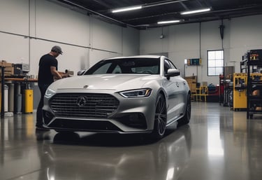 A sleek black luxury car parked in front of a modern Los Angeles skyline at sunset.