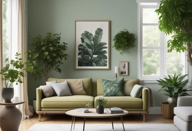 A serene, tidy living room with sunlight streaming through large windows.