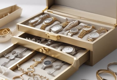 An elegant display of fine jewelry and antique silverware arranged on a wooden table.