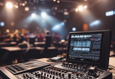 A sleek corporate event setup at The Hub 139 rooftop with ambient lighting and modern AV equipment.