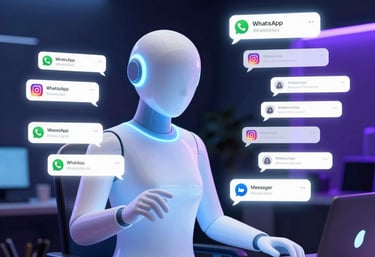 A sleek dark-themed workspace showing a computer screen with AI chatbots managing multiple conversation threads.