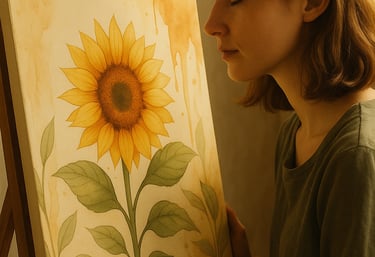 Young woman gently positions AI-generated sunflower art on easel, preparing it for display.