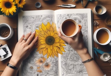 a person holding a cup of coffee and a coloring book engaging in therapeutic art healing process