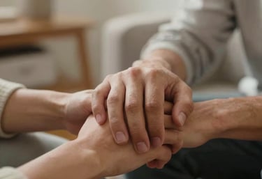 Close-up photography of two people holding hands in a compassionate gesture within a peaceful North American home setting, emphasizing trust and connection, warm soft lighting.