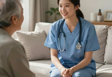 A heartfelt photograph of a nurse practitioner and an elderly resident engaged in a friendly conversation in a sunlit living room with neutral, professional decor.