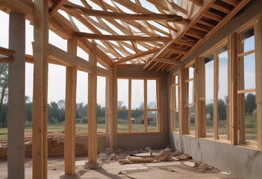 A skilled builder carefully measuring wood beams on a sunny construction site.