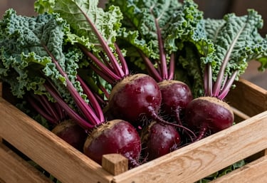 A wooden crate filled with fresh harvest from a Northern European / Scandinavian farm, showing deep ripe crimson beets and matte forest green kale.