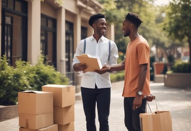 A friendly traveler handing over a package to another person with a warm orange background.