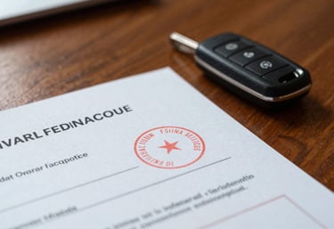 A macro shot of a warranty certificate resting on a polished wooden desk next to a modern car key. The lighting is soft and trustworthy, with a focus on official stamps and professional document texture.