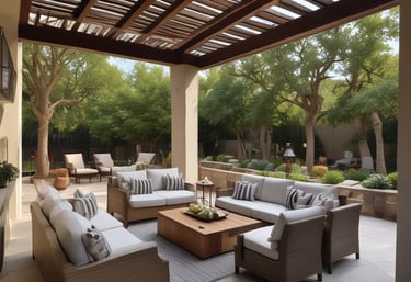 A spacious backyard featuring a custom pergola and timber decking surrounded by greenery.
