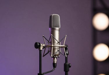 A professional microphone stands in the foreground, with blurred colorful stage lights in muted slate purple and pearl white in the background.