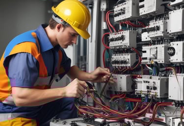 Close-up of skilled engineers working on complex electromechanical components in a bright, modern workshop.