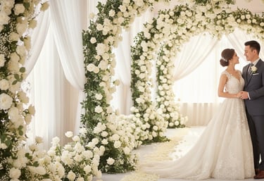 Elegant bride and groom posing under white rose floral arches at a luxury wedding ceremony.