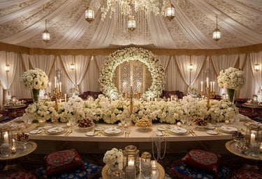 Elegant wedding reception featuring white floral arrangements, gold lanterns, and traditional floor seating.