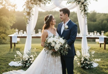 A bride and groom posing at a sunset outdoor wedding ceremony with a floral arch and white bouquet.