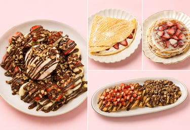 Variedad de dulces para el desayuno, que incluyen panqueques bañados en chocolate, crepas con fresas
